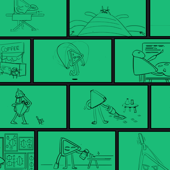 A collage of animated, cartoon-style characters with triangular faces, engaging in various daily activities like working at a desk, exploring, cleaning, and drinking coffee, all depicted with simple line art on a green background.