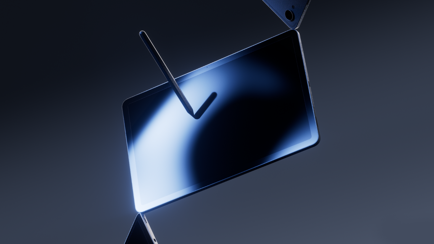 A futuristic tablet with a stylized check mark floating above it, set against a dark background with soft lighting.