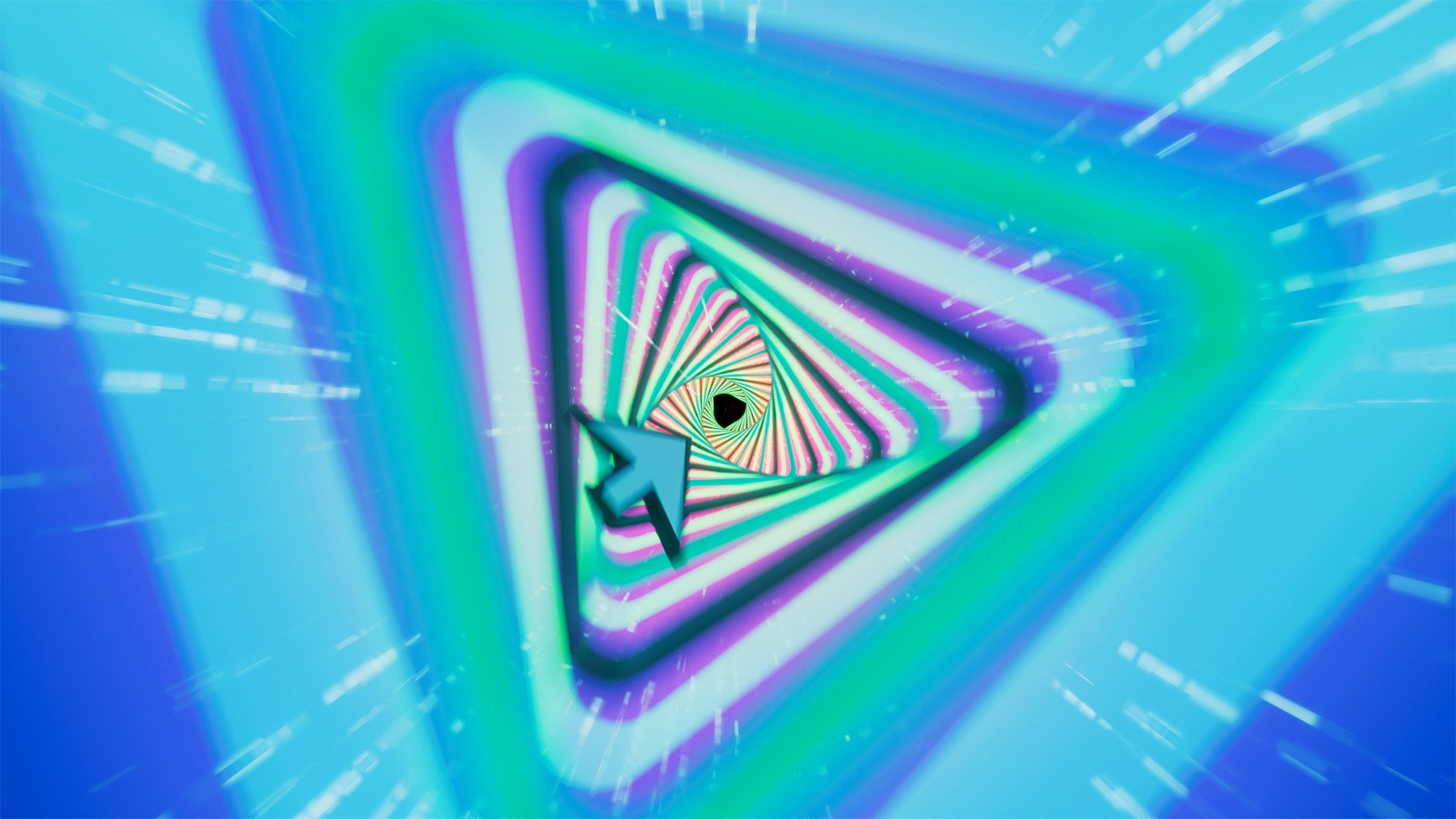 A digital illustration of a spiral tunnel with a glowing, multicolored deep-space vortex effect, featuring a blue cursor shaped arrow pointing towards the center.