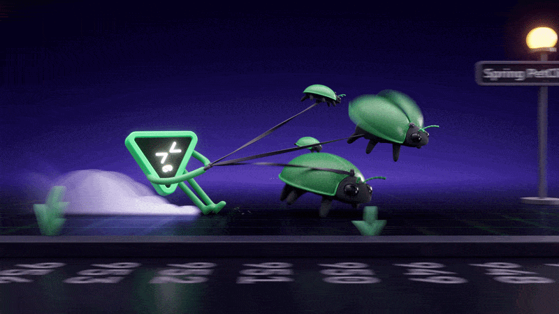 Animation of an animated green person with a digital face, pulling beetles with fishing lines across a crosswalk near a street sign, with a streetlamp in the background.
