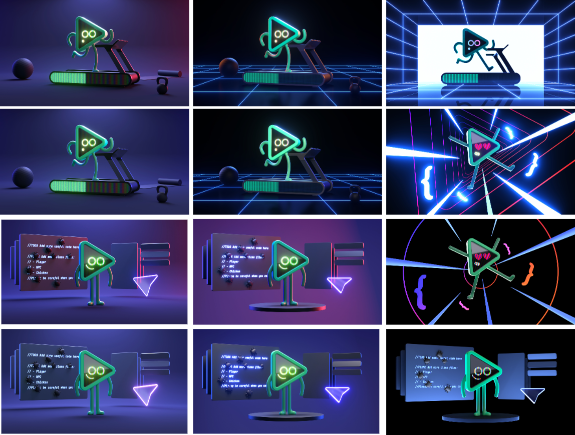 Series of animated images featuring a neon-outlined robot character in various futuristic digital environments, including treadmill, space station, and digital code background, with dynamic lighting and vibrant colors.