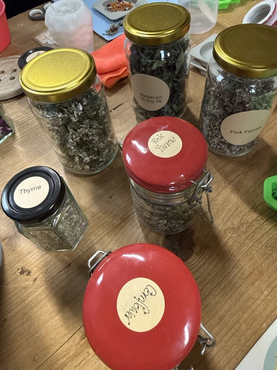 An assortment of glass jars with labels containing herbs such as thyme, marjoram, pink yarrow, and other dried herbs on a wooden table.