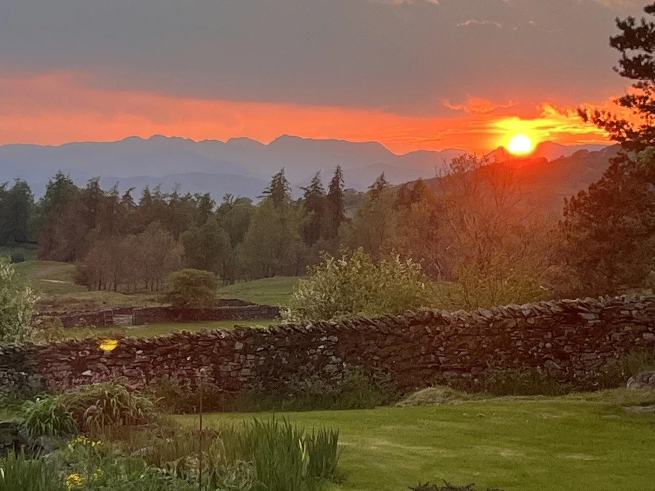 Sunset over a landscape with trees, mountains in the background, a stone wall in the middle ground, and a grassy area with plants in the foreground.