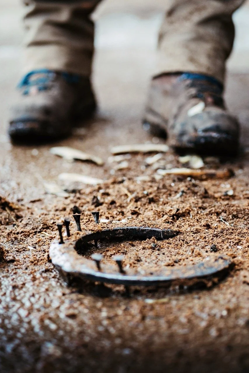 Close-up of a rusted horseshoe on dirt ground with scattered nails and shoe remnants, blurred person standing in the background.