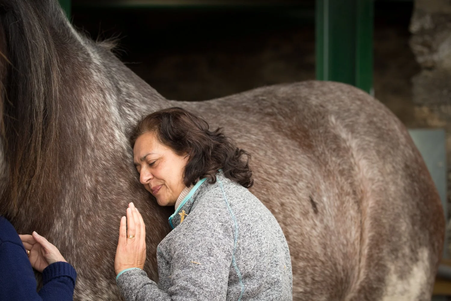 A woman with dark hair hugging and smelling a gray horse, expressing affection and contentment.