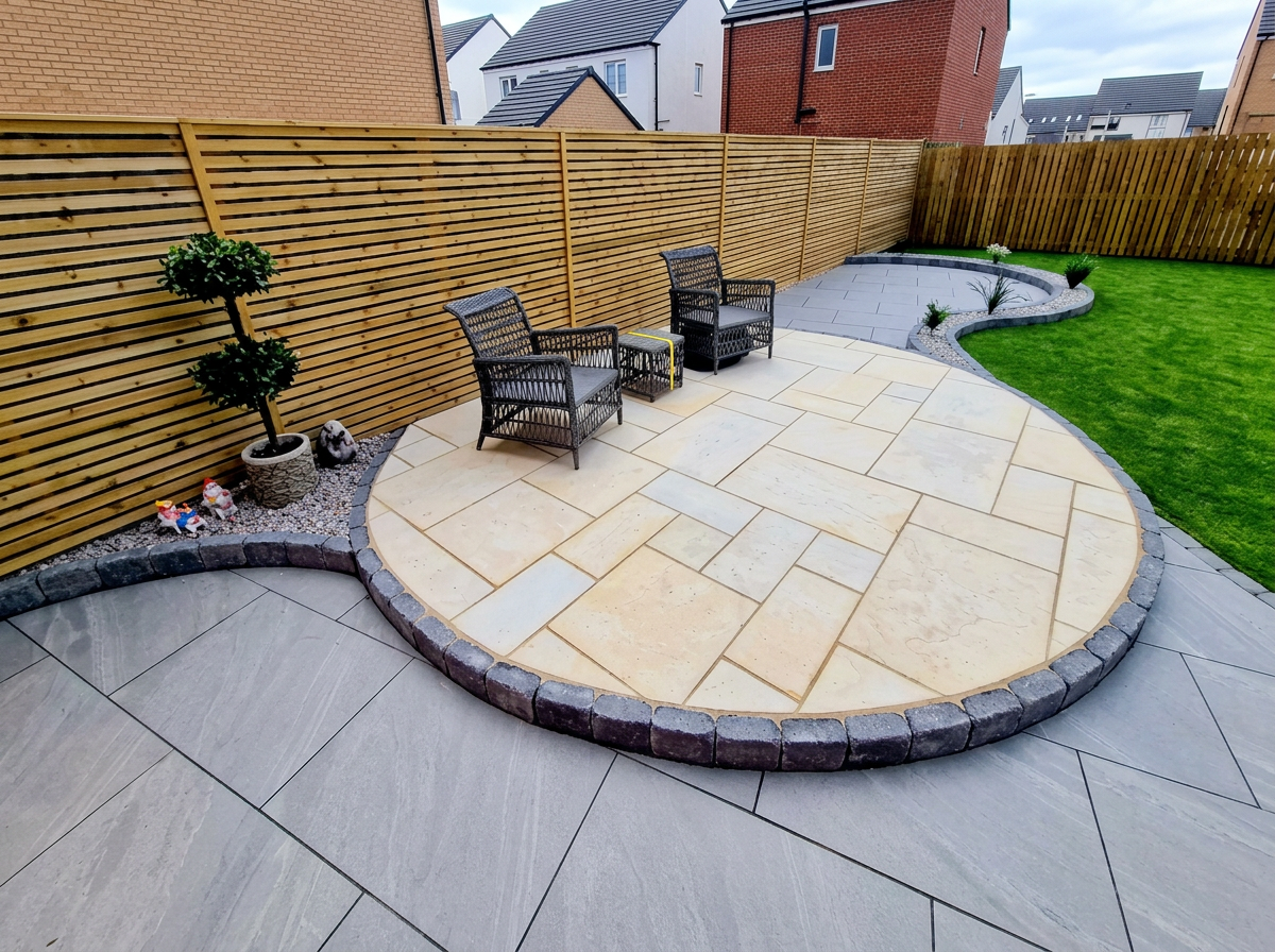 Circular porcelain patio within a landscaped garden
