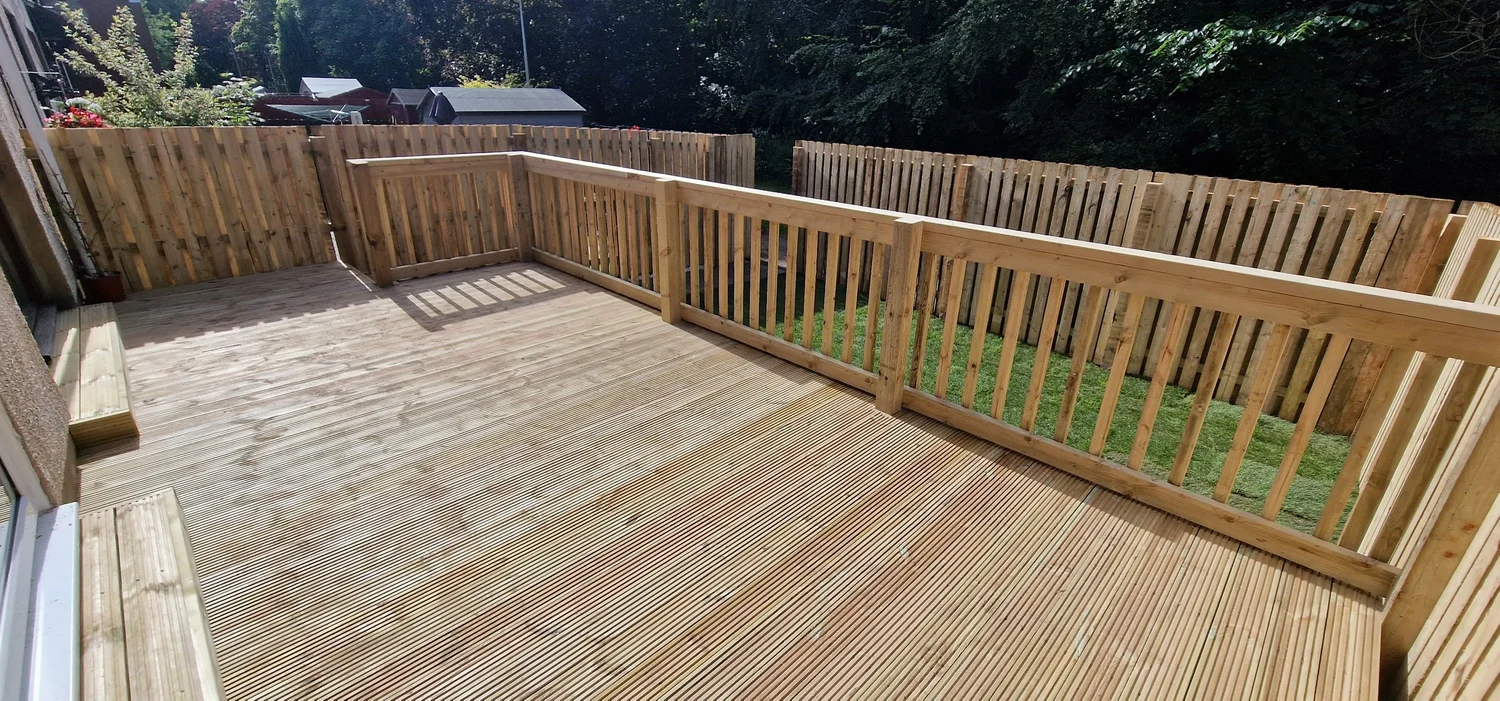 Large timber deck with handrails installed by Team Bespoke