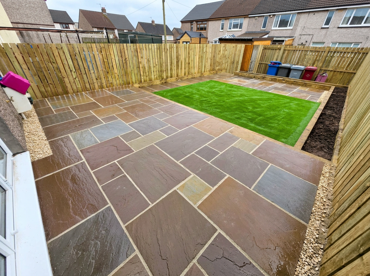Natural sandstone patio and garden path installed by Team Bespoke