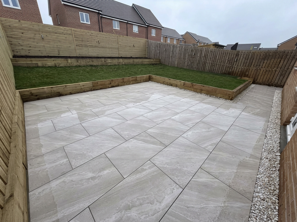 Grey porcelain paved patio and garden path