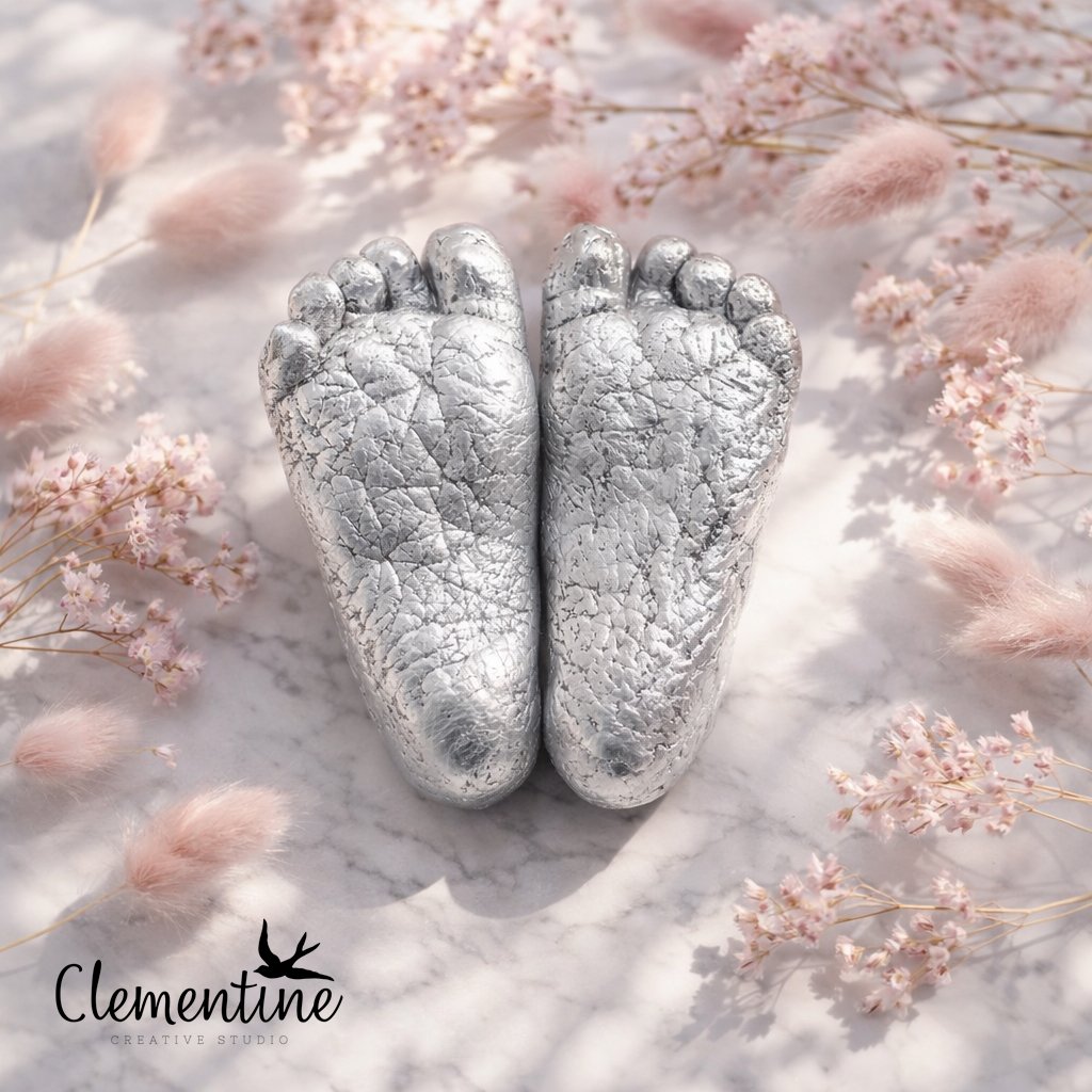 A pair of tiny silver NICU baby foot castings displayed on white marble surrounded by soft pink and beige dried flowers — a tender bereavement keepsake handcrafted by Clementine Creative Studio, New Zealand.