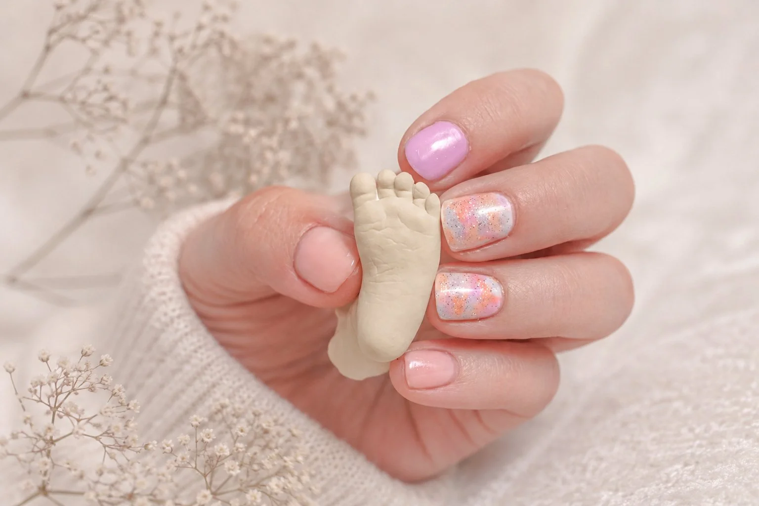 Close-up of a hand with pastel-colored nail polish holding a small baby footprint charm, with dried flowers in the background.
