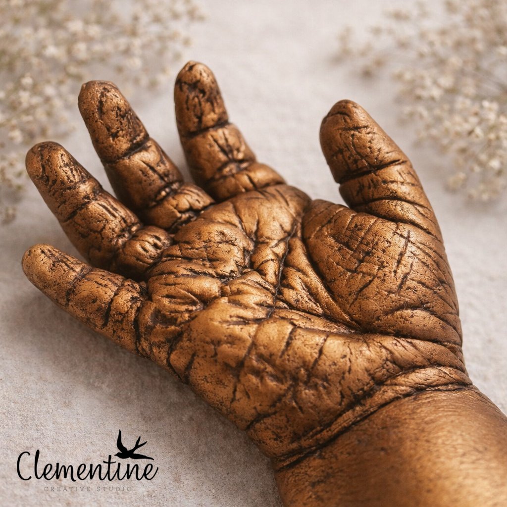 Close-up of a copper baby hand casting showing fine detail and texture, set against a soft neutral background with delicate white flowers — a tender bereavement baby keepsake handcrafted by Clementine Creative Studio, New Zealand.