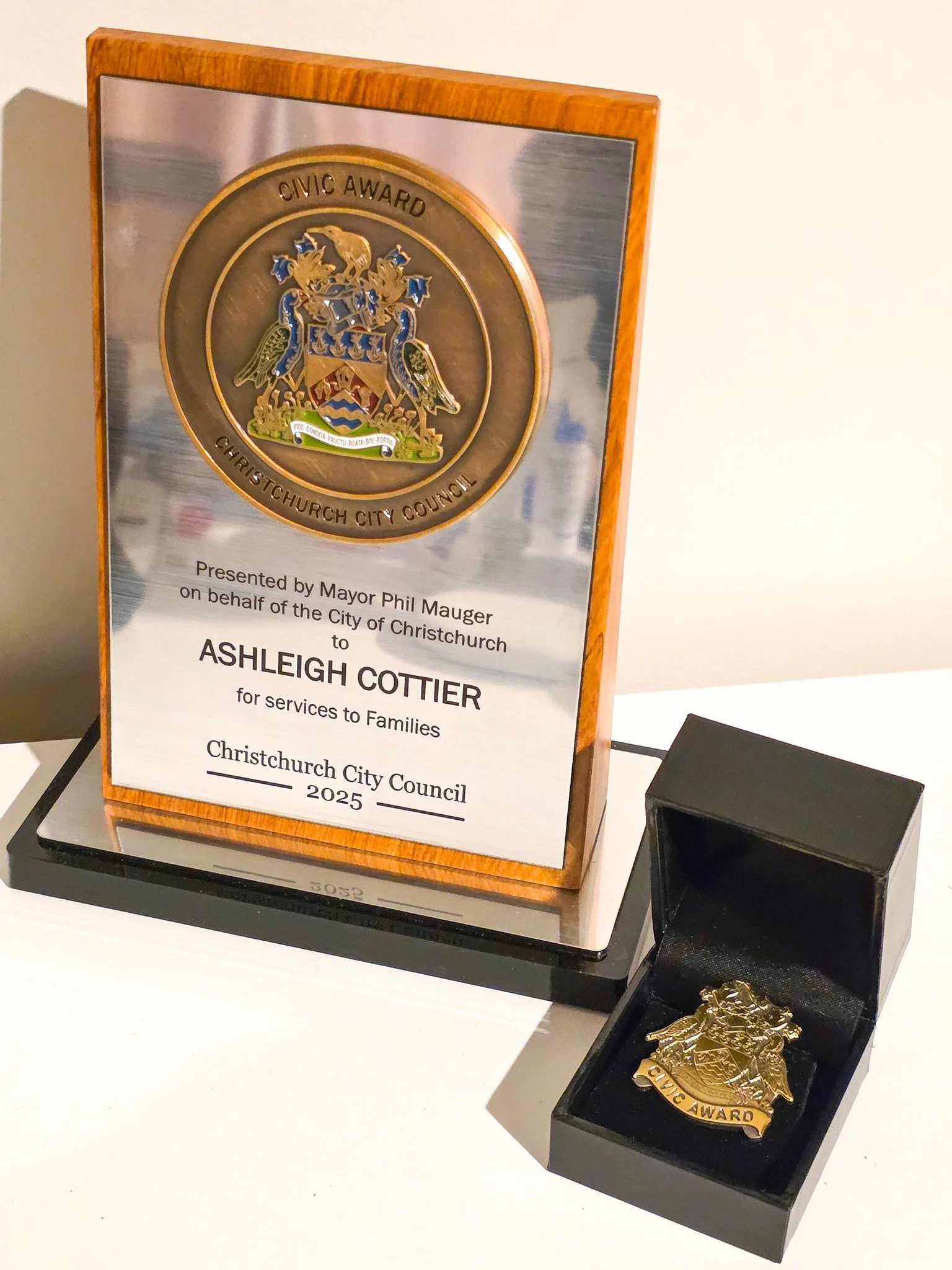Christchurch City Council Civic Award plaque presented to Ashleigh Cottier for services to Families, 2025