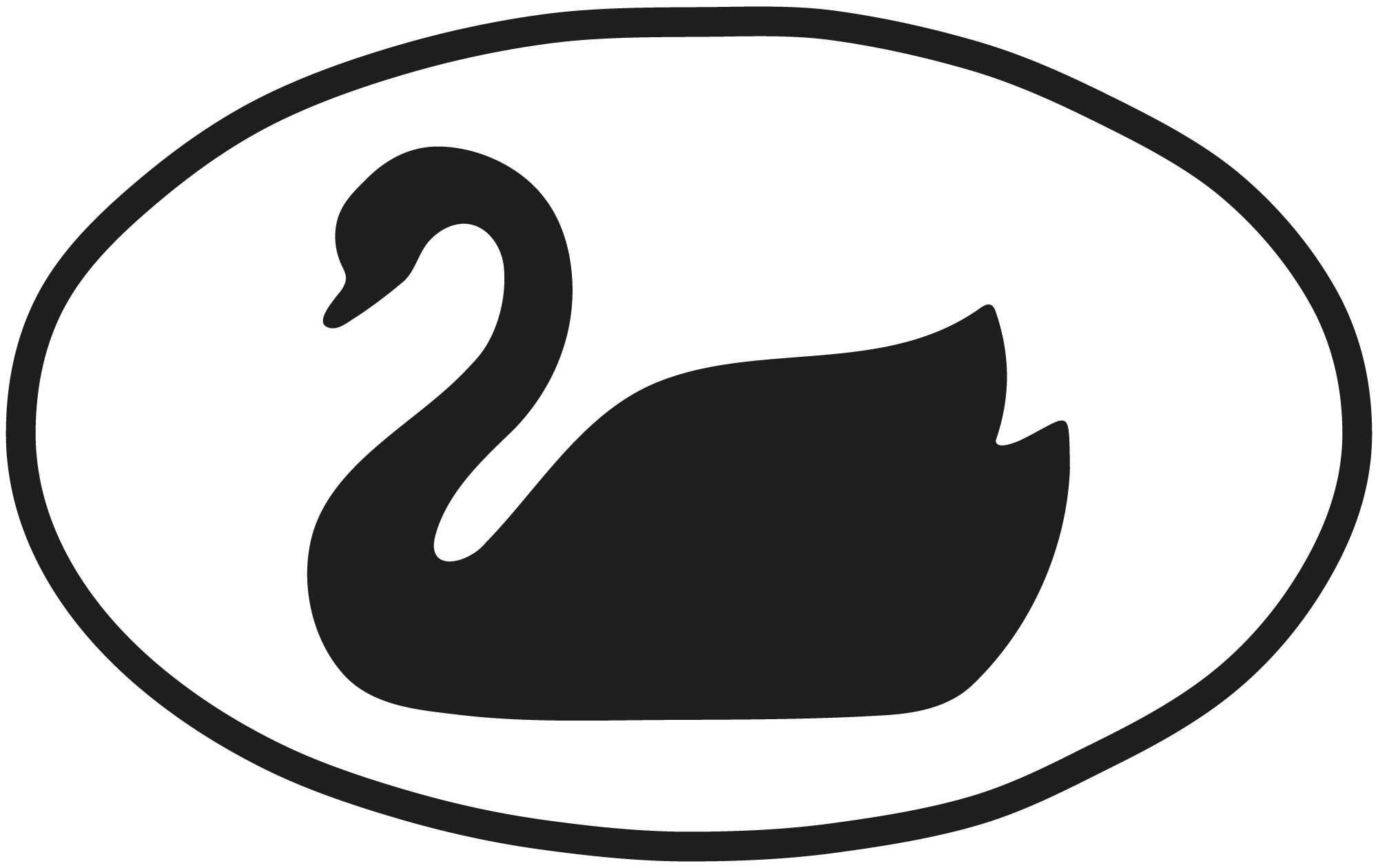 Black-and-white circular icon depicting a stylized swan with a curved neck inside a rounded square background.