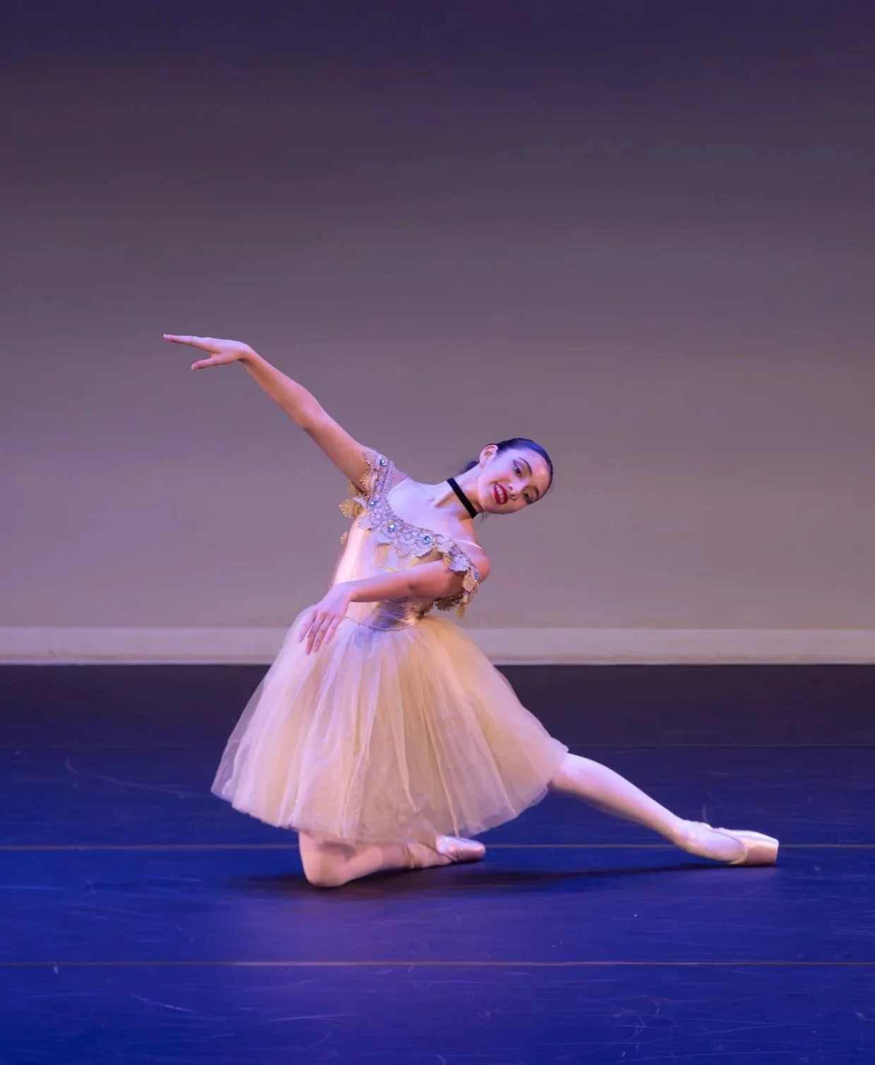 Classical ballet student in a tutu performing a solo on stage in costume at Shire Ballet Academy's annual ballet production.
