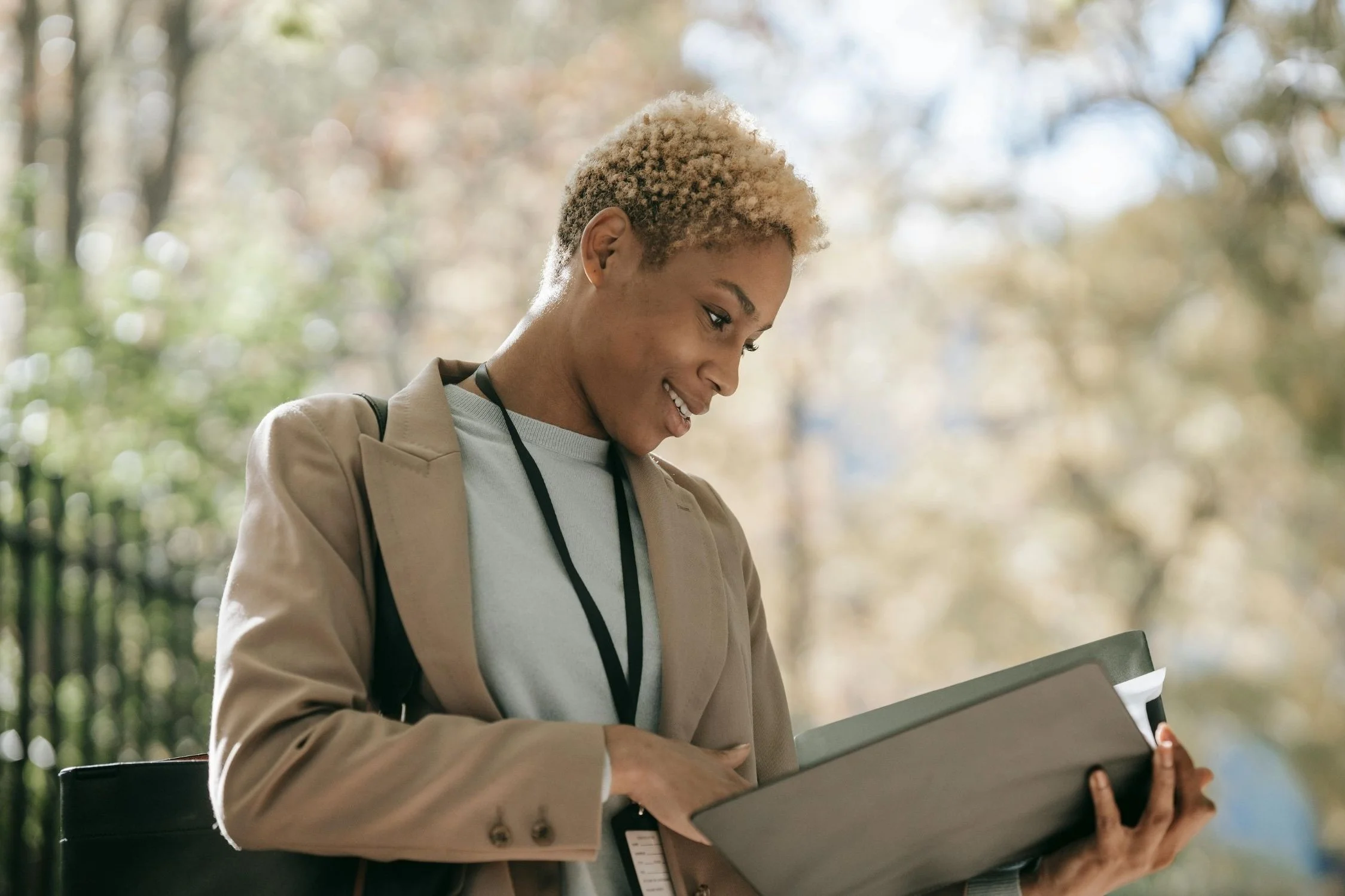 Business woman looking at her portfolio