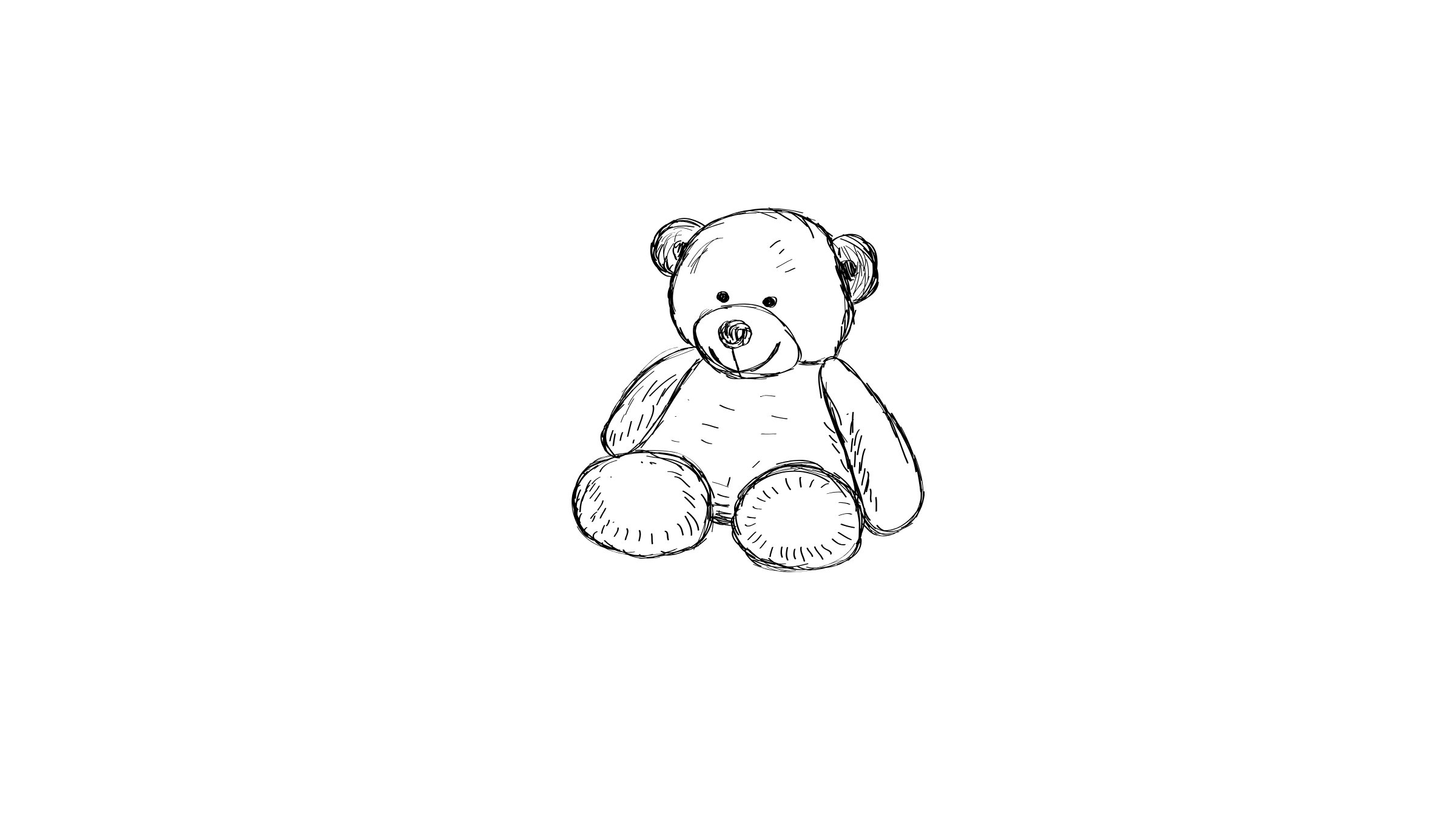 A sketch of a teddy bear sitting upright with a round face, ears, and limbs, drawn with simple lines.