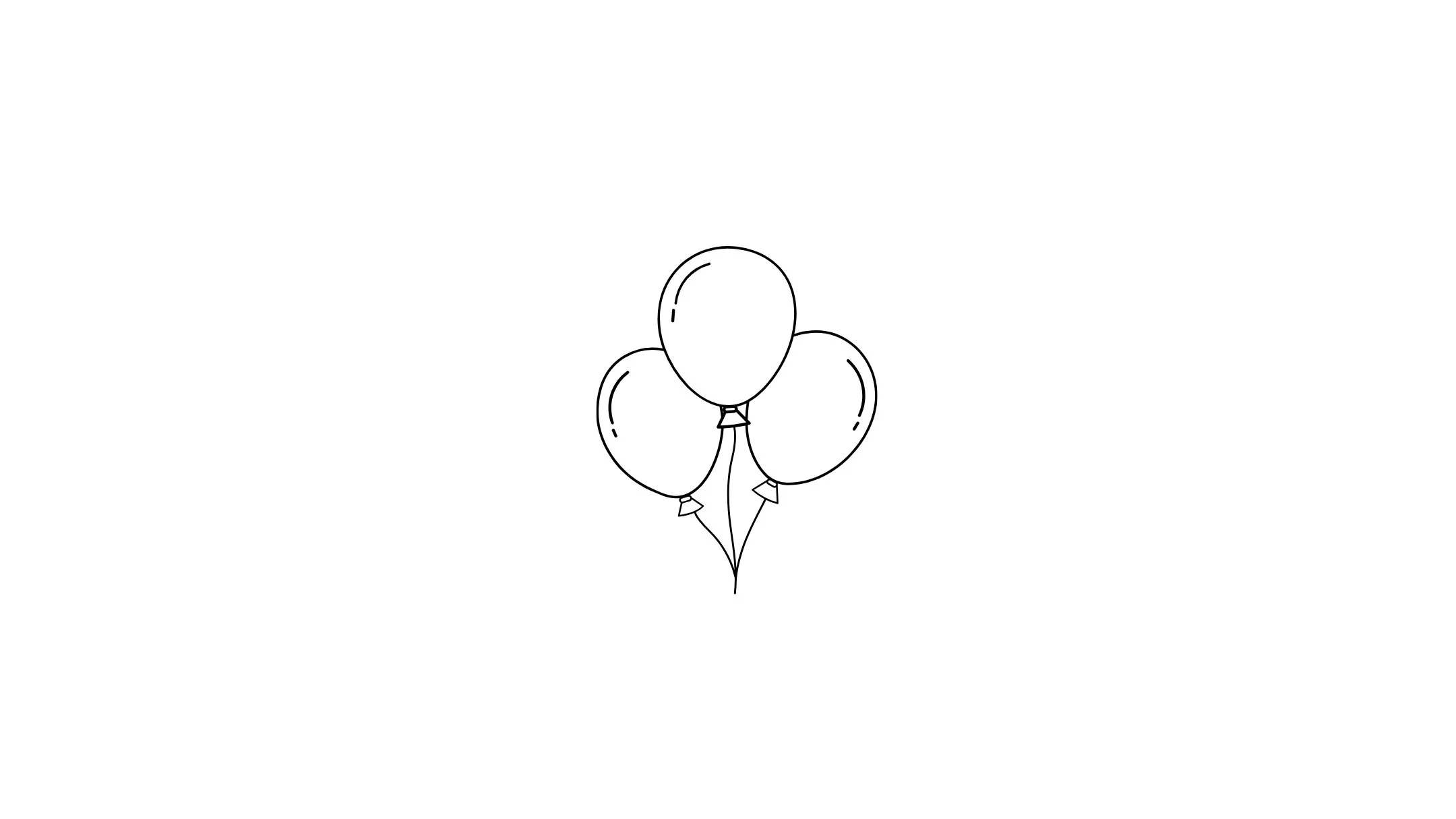 Drawing of three balloons, each tied with a string, in black outline on a white background.