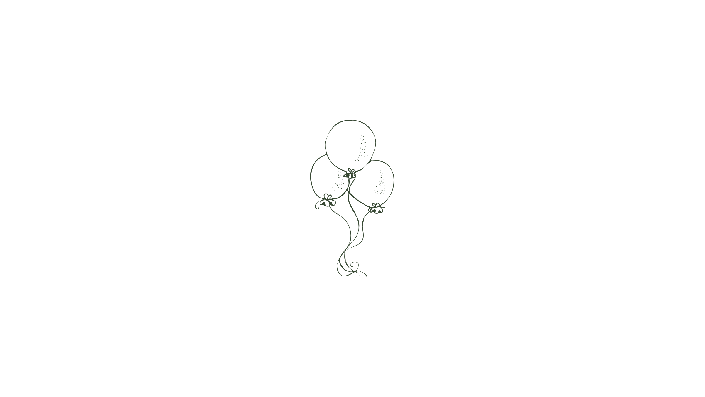 Line drawing of three balloons floating with strings hanging down.