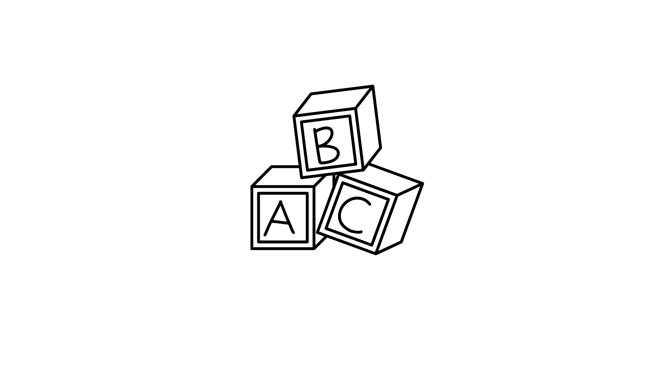 Black and white line drawing of three alphabet blocks with the letters A, B, and C.