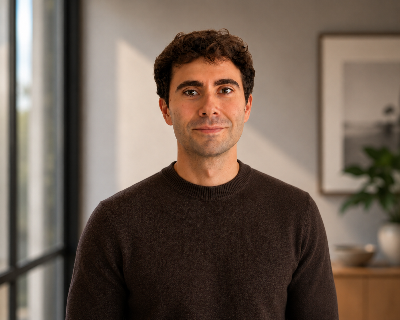 A professional executive man with dark hair and light skin, worked in a scale up, wearing a dark brown sweater, entrepreneur style, standing indoors in front of a window and a gray wall with a framed picture and a plant.