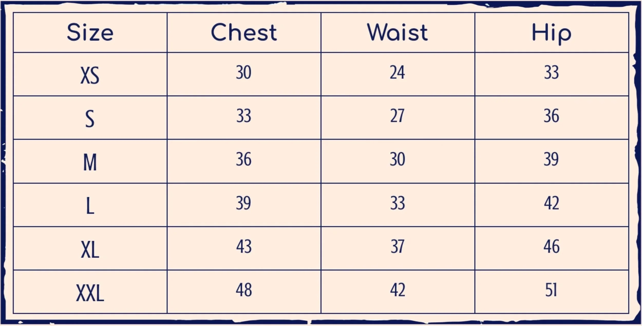 Size chart showing measurements for XS, S, M, L, XL, XXL with columns for Chest, Waist, and Hip in inches.