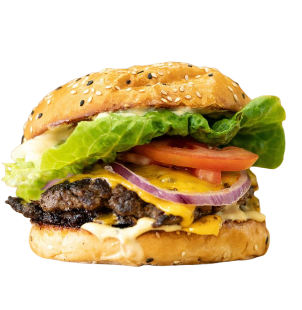 Smashed Beef Patty, Lettuce, Tomato, Onion, Cheese, Carrum Burger Sauce, Egg, Bacon