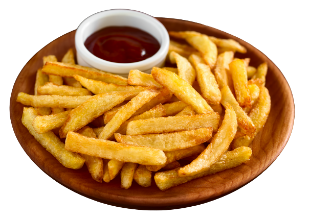 A wooden plate filled with golden French fries alongside a small white dish of ketchup. Radlett Fish & Chips, Grill