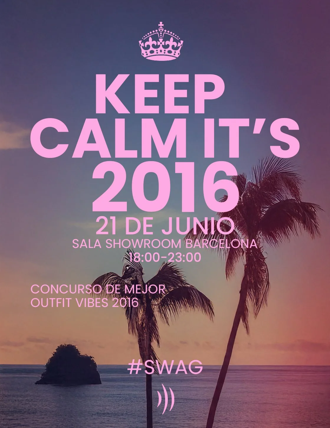 Event poster with pink text on a beach sunset background, featuring palm trees and a small island, promoting a gathering in Barcelona on June 21, 2026, from 6 PM to 11 PM, with a contest and hashtag #SWAG.