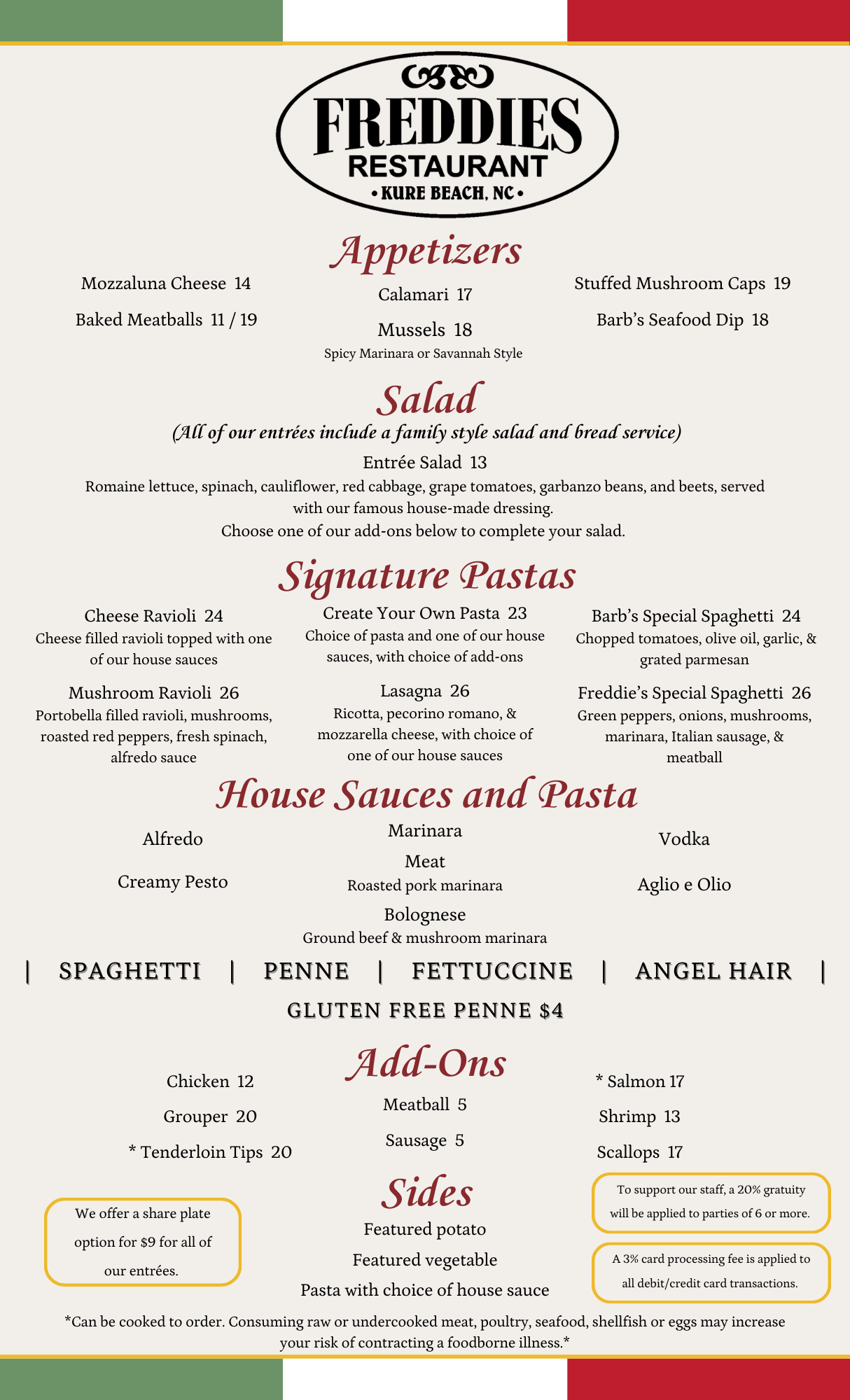 Menu from Freddie's Restaurant in Kure Beach, North Carolina, featuring appetizers, salads, signature pastas, house sauces, add-ons, sides, and special notes.
