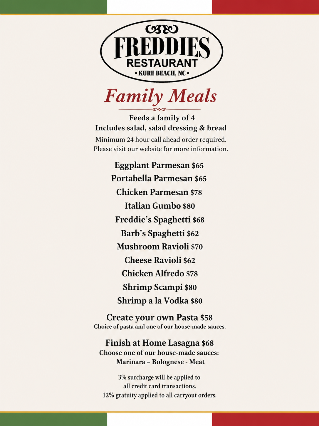 Menu from Freddie's Restaurant in Kure Beach, NC, featuring family meals, pasta dishes, and lasagna, with prices and options for customizations.