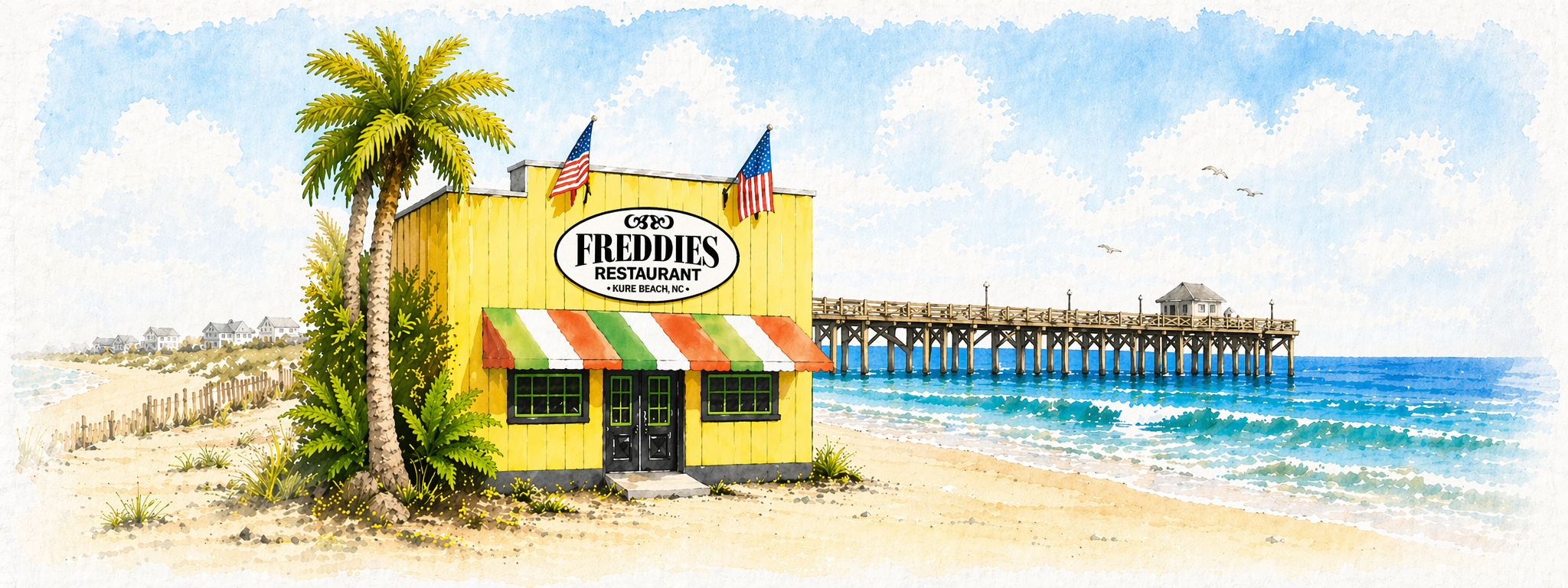 A watercolor illustration of Freddie's Restaurant at Kure Beach, NC, with a yellow building, palm trees, American flags, a sandy beach, a pier extending into the ocean, and a partly cloudy sky.