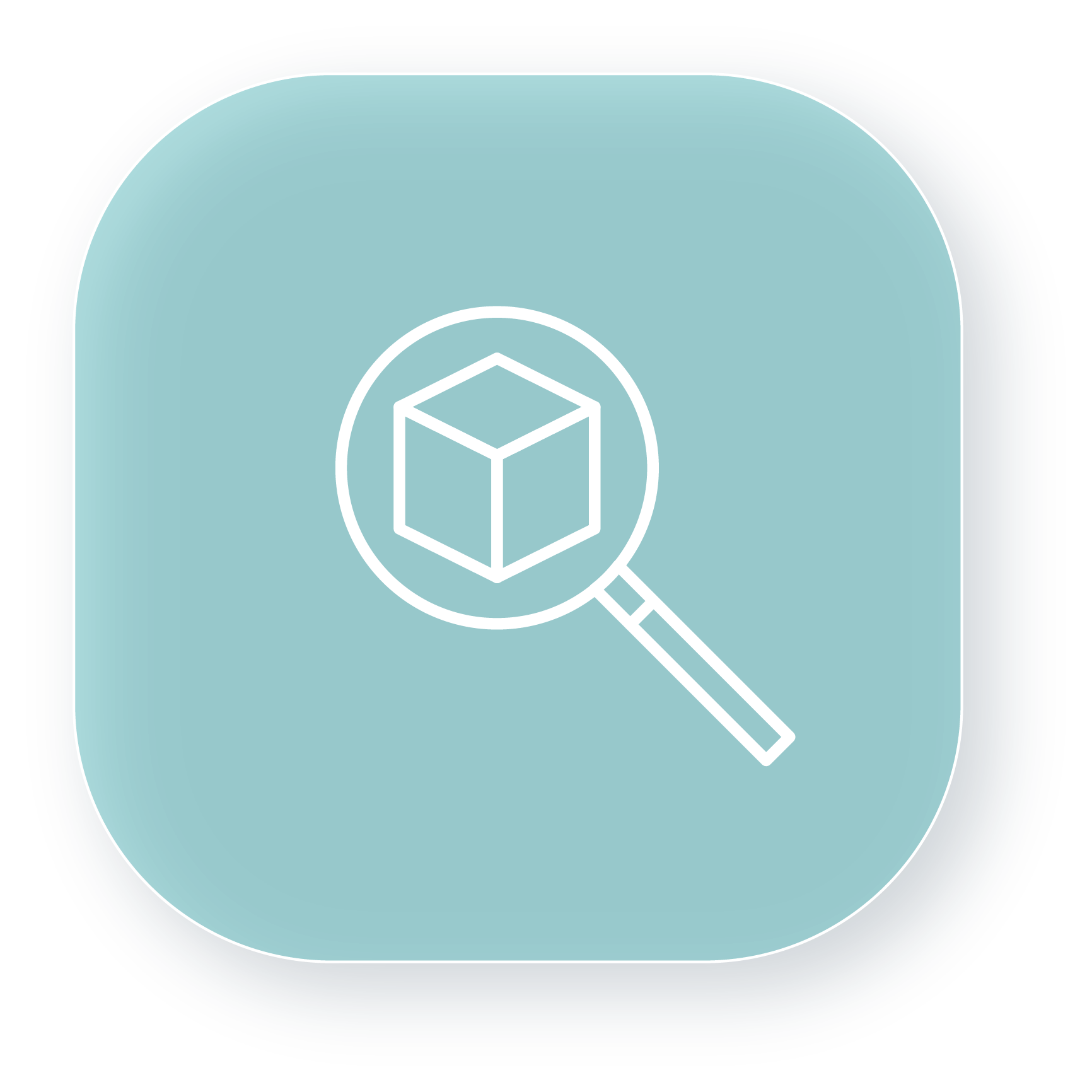 Glass effect web icon with a magnifying glass and delivery box