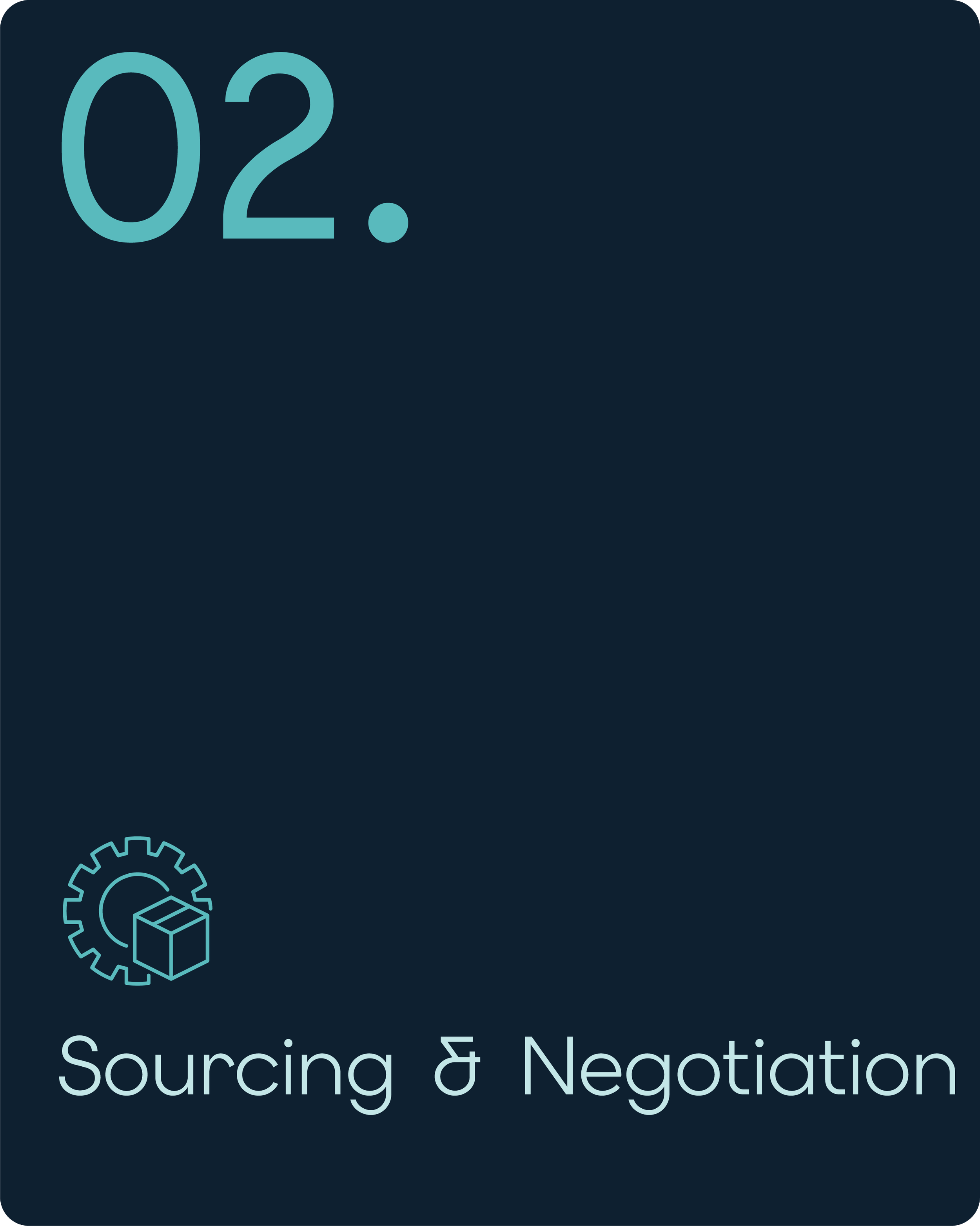 trusure services card, number 2 with sourcing & negotiation in blue text and a cog and box icon