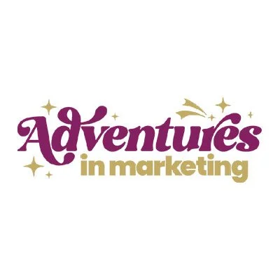 Logo with the text 'Adventures in marketing' in purple and gold, surrounded by small stars and a shooting star element.