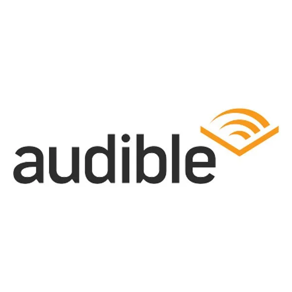 Audible logo with black text and orange icon resembling sound waves above an open book.