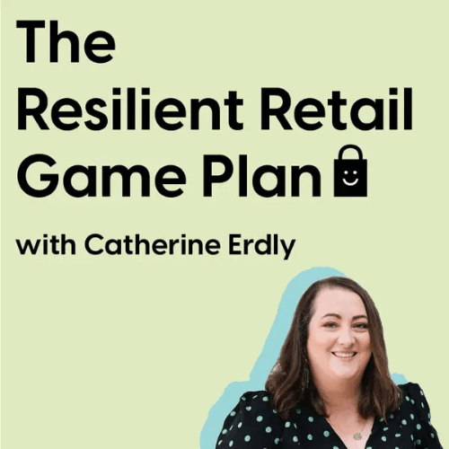 Cover of a book titled 'The Resilient Retail Game Plan' with a padlock icon, featuring a smiling woman with shoulder-length brown hair wearing a black polka dot shirt, against a light green background.