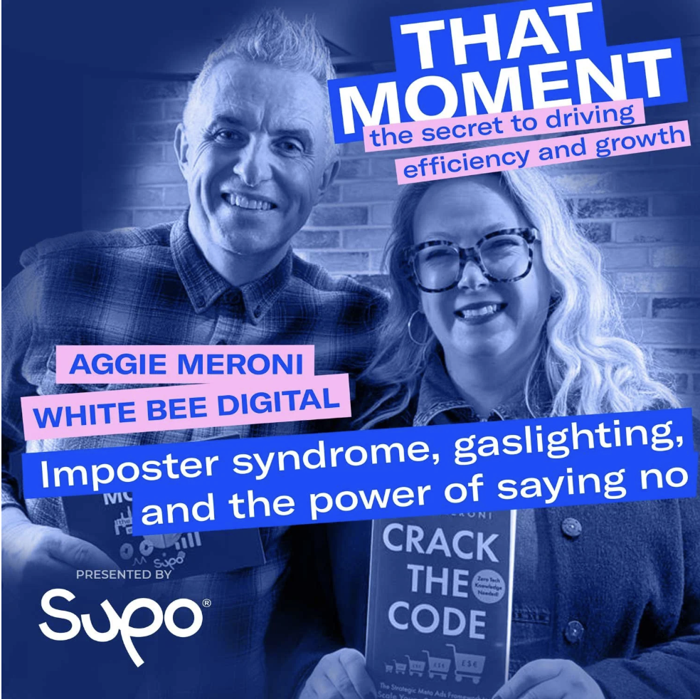 Two people smiling, one holding a book titled 'Crack the Code', with text overlays about driving efficiency, growth, and digital marketing.