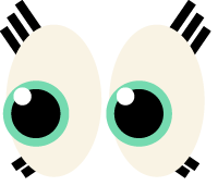 Close-up of cartoon eyes with black eyelashes and green irises