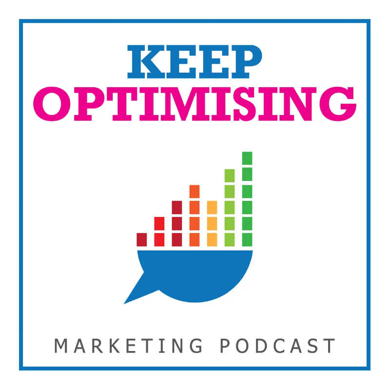 Logo for a marketing podcast titled "Keep Optimising" featuring a speech bubble with a colorful bar graph inside.