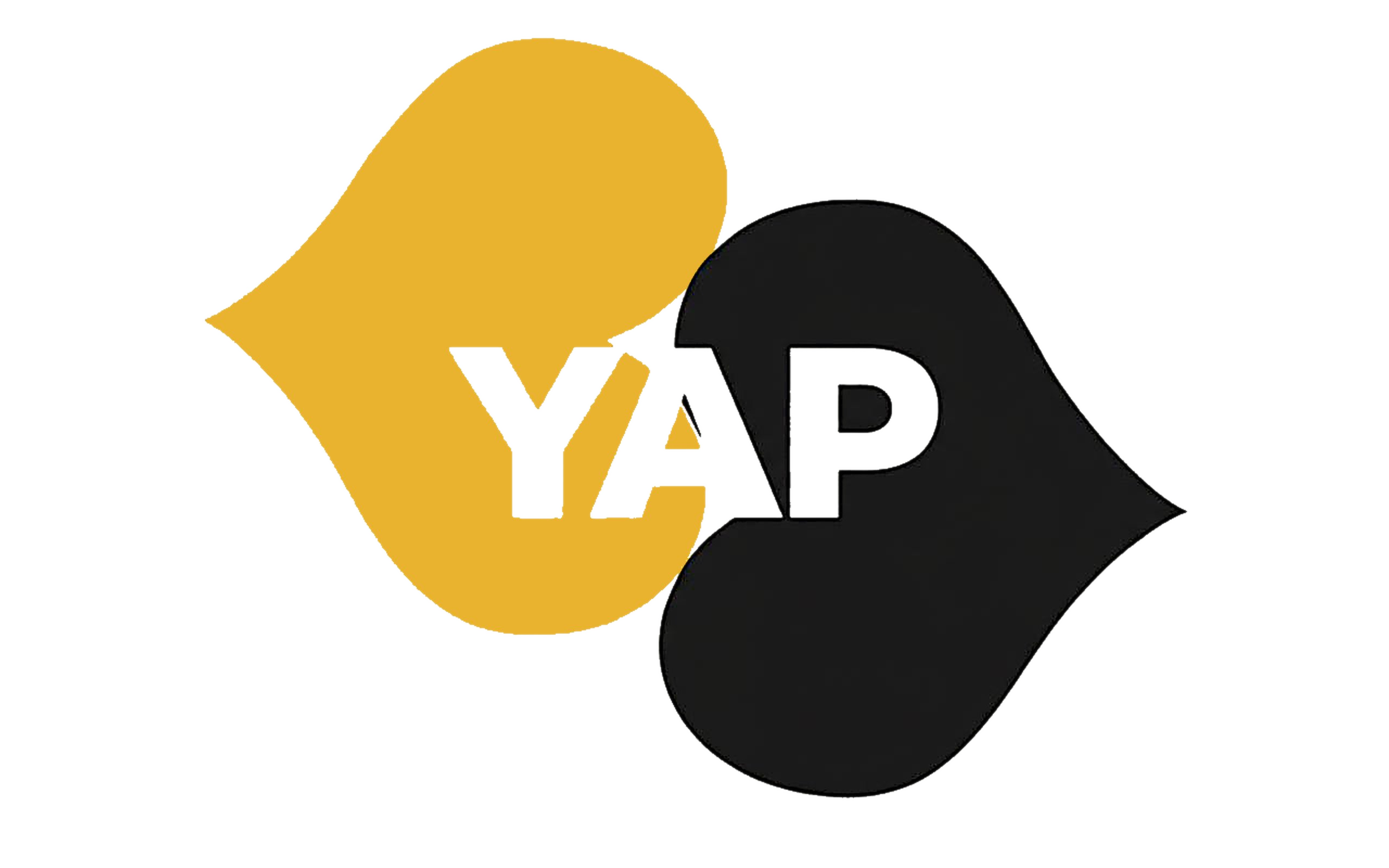 Een illustratie van een hand die een gele en een zwarte hand vasthoudt, met de letters YAP in het midden.