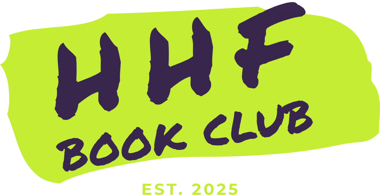 Bright green background with the words "HITCH BOOK CLUB" in large dark purple letters and "EST. 2025" in smaller letters below.