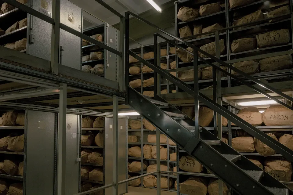 Storage room with metal shelving filled with brown paper-wrapped packages, metal staircase leading to upper shelves, fluorescent lighting.