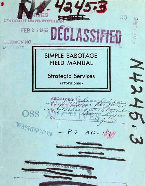 Declassified military document titled 'Simple Sabotage Field Manual Strategic Services (Provisional)' with various stamps, handwritten notes, and markings, dated February 28, 1963.