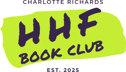 Logo of Hufflepuff Book Club with green background, purple text, and EST. 2025