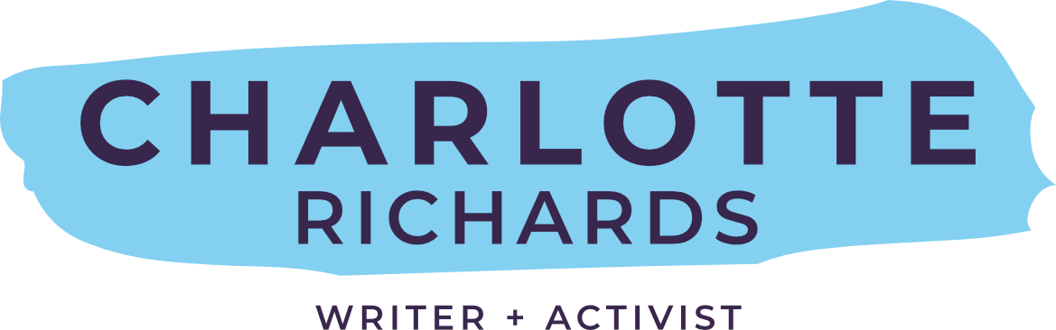 Logo with the name Charlotte Richards, a writer and activist, displayed within a light blue irregular shape.