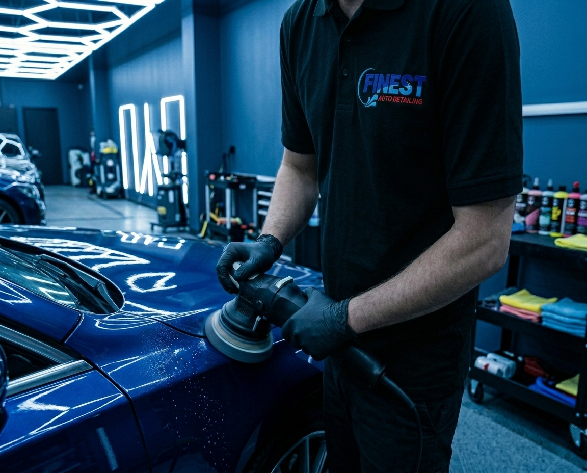 A worker polishing the blue car's surface inside a professional auto detailing shop.