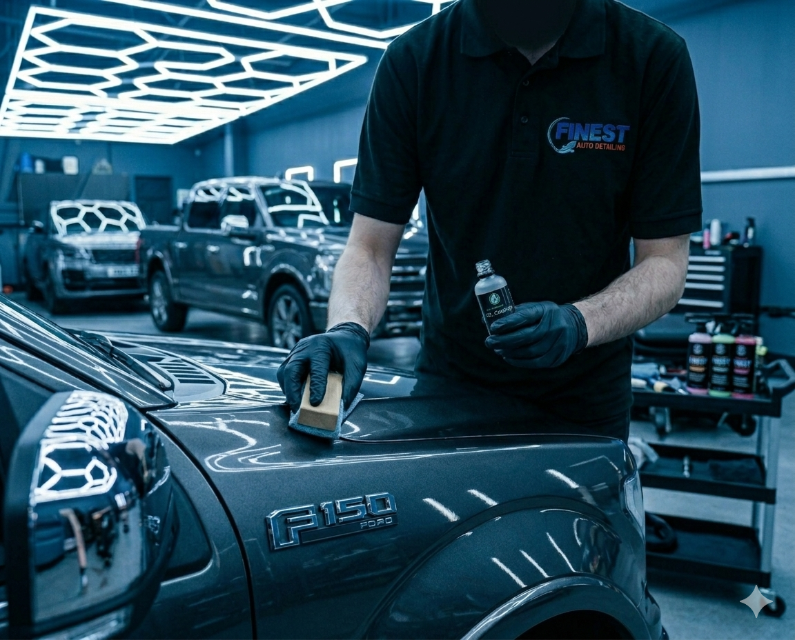 A person wearing a black polo shirt and black gloves polishing a black Ford F-150 in an auto detailing shop with bright blue neon lighting and other cars in the background.