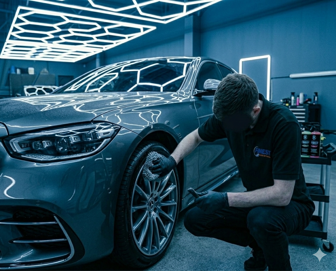 A mechanic working on a sleek, dark gray luxury car inside a modern garage with bright white geometric light fixtures overhead.