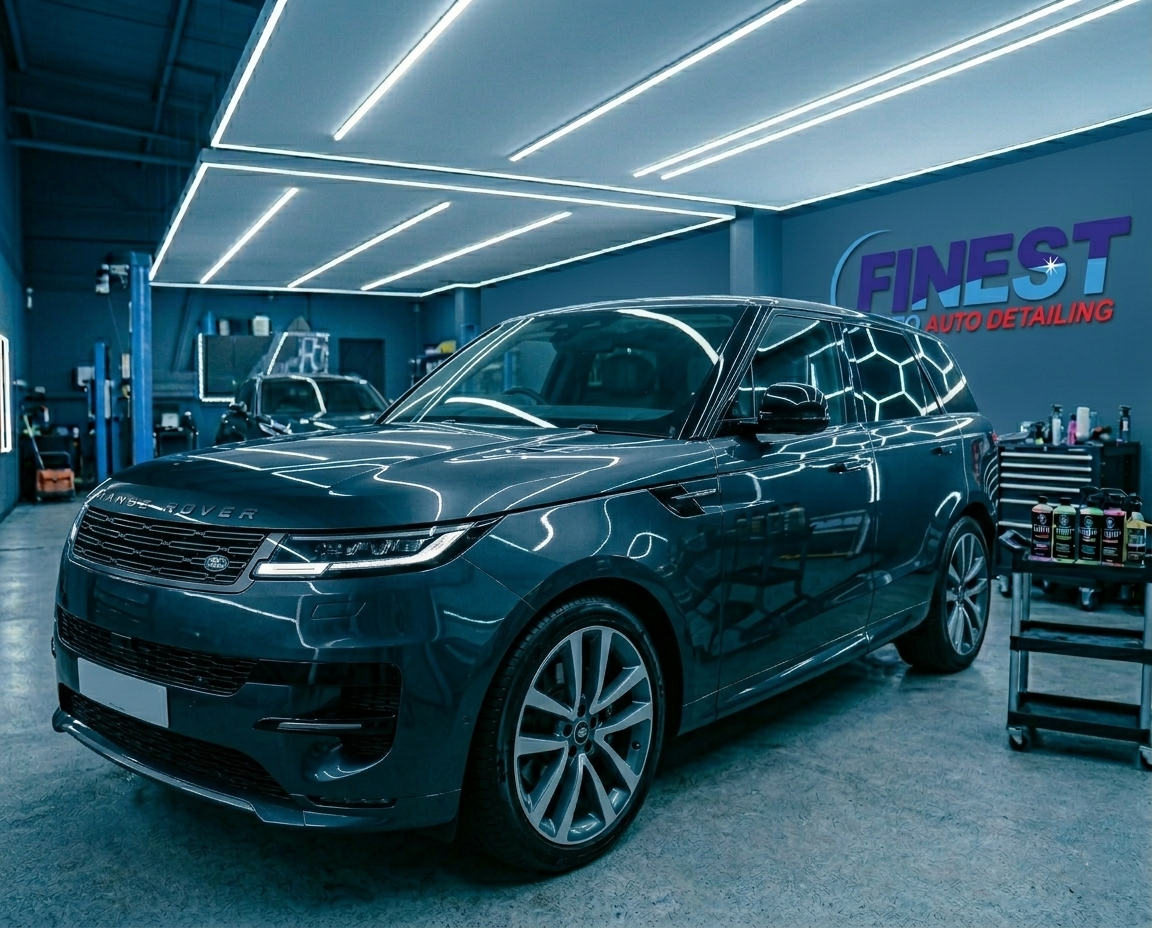 A dark blue Range Rover parked inside an auto detailing shop with bright overhead lights and a sign that reads 'Finest Auto Detailing' on the wall.